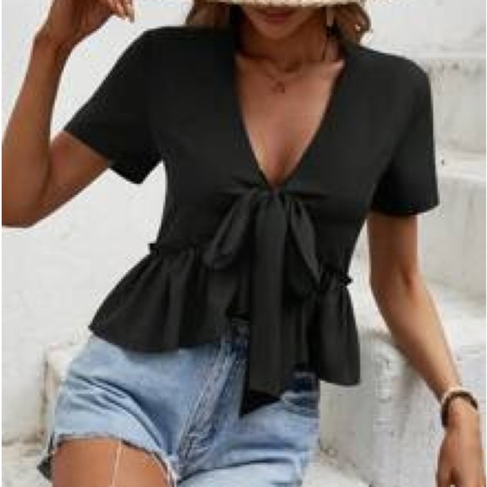 Black Tie-Front Peplum Blouse, M